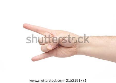 Rock on hand gesture isolated on white background. Brutal man's palm showing heavy metal gesture. Finger gestures. Royalty-Free Stock Photo #2152181791