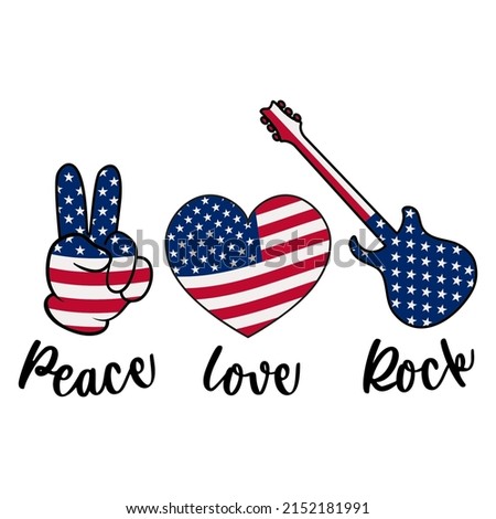 Peace Love America Patriotic Design. 4th of July Patriotic Symbols. Stars and Stripes. Heart, Peace, Love, Sunflower. Independence day symbol with US Flag and guitar. Vector illustration
