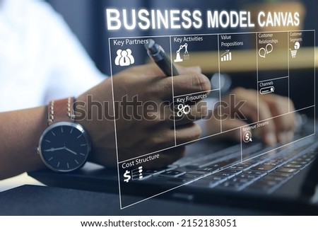 Businessman planning a business plan with business model canvas through a laptop on the desktop for project presentation and budgeting from high net worth investors value proposition cost and revenue. Royalty-Free Stock Photo #2152183051