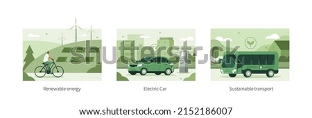 Sustainable transportation illustration set. Private electric vehicle near charging station, e-bike and public transport in modern city. Eco friendly vehicle concept. Vector illustration.