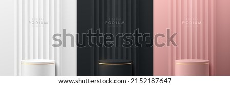 Set of vector abstract 3D room with luxury cylinder stand or podium. Pink gold, Black, Gold and Silver white geometric forms. Minimal scene for mockup products, Stage for showcase, Promotion display.