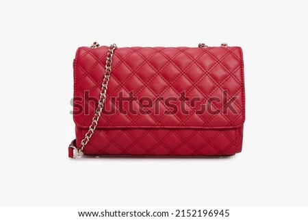 Women Red Leather Handbag crossbody Isolated on White Background in front