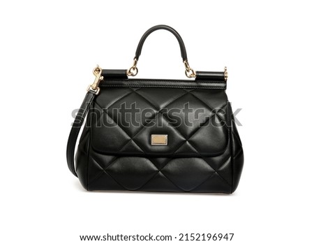 Women Black Leather Handbag Isolated on White Background in front Royalty-Free Stock Photo #2152196947