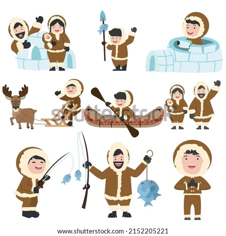 set of eskimos people family cartoon