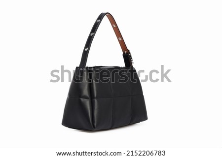 Side view on Women Black Leather Handbag Handle Isolated on White Background