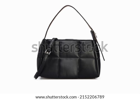 Women Black Leather Handbag Isolated on White Background in front
