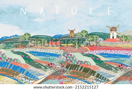 Nature, mill and landscape. Vector textured watercolor illustration of farm fields, village and sky for banner or background