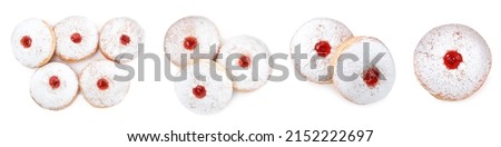 Top view of delicious donuts with jelly and powdered sugar on white background, collage. Banner design Royalty-Free Stock Photo #2152222697