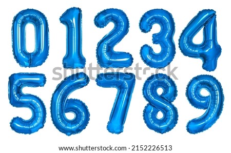 blue metallic balloons in the shape of numbers on a white background. collection from 0 to 9 Royalty-Free Stock Photo #2152226513