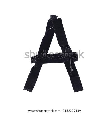 The letter A is made with pieces of black electrical tape on a white background, close-up, decorative font.