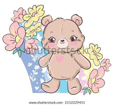 Hand drawn Cute Teddy Bear and flowers Kids print vector illustration 