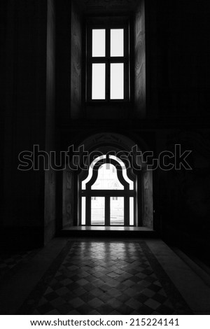 black and white windows in a church