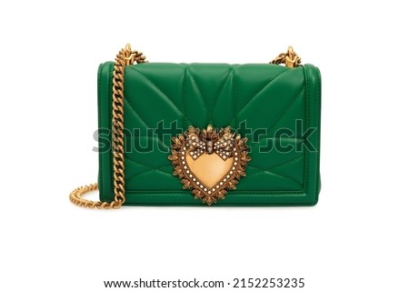 Women green Leather bag Handbag Crossbody with golden heart chain strap Isolated on White Background in front Royalty-Free Stock Photo #2152253235