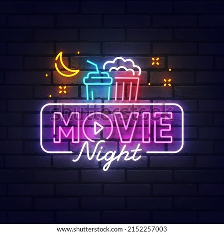 Movie neon sign, bright signboard, light banner. Movie Night logo neon, emblem. Vector illustration Royalty-Free Stock Photo #2152257003
