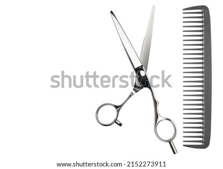 Scissors and comb. Professional barber scissors or shears, comb for man or woman haircut. Hairdresser salon equipment. Hair cutting carbon comb. Premium hairdressing accessories. Business card 