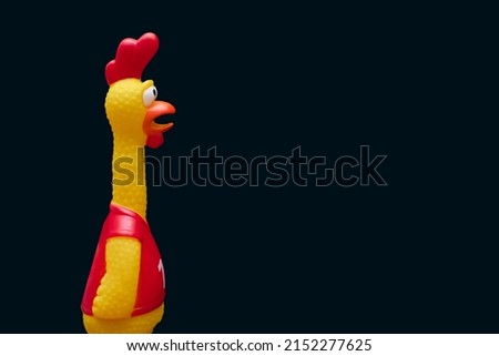 Rubber toy in the form of a rooster on a black background. The funny toy rooster has a surprised and dumbfounded look with its beak open. The toy makes loud noises. Free space for text and ads