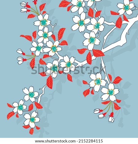 Branch of white blossoming sakura. Japanese cherry tree. Vector Isolated Illustration on gray background