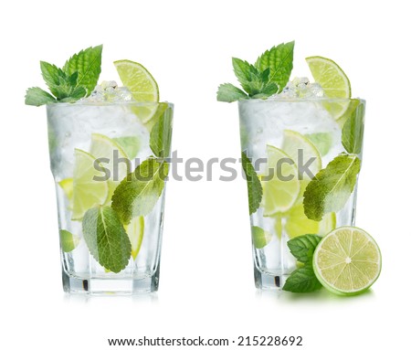 Mojito cocktail with lime and mint in highball glass. Set of isolated mojitos  Royalty-Free Stock Photo #215228692