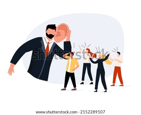 Good listener boss, listen and accept all opinion, suggestion or customer feedback concept, smart businessman trying hard to listen to all colleagues advice. Teambuilding, feedback from workers. Royalty-Free Stock Photo #2152289107