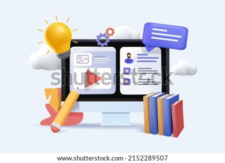 3D Web Vector Illustrations. Online concept. Computer with open pages. e-learning design over background, vector illustration. online courses application. Education and back to school. 3d realistic. Royalty-Free Stock Photo #2152289507