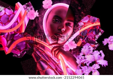 Portrait collage of afro woman with pink neon light and flowers around face. Pink and red flexible neon light tubes