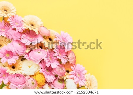 Bouquet of gerberas and ranunculus on a yellow background. Mothers Day, Valentines Day, birthday concept. Top view, copy space for text