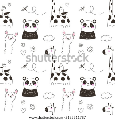 Cute seamless pattern with line art style wild animals - adorable hand drawn safari themed repeat pattern design EPS