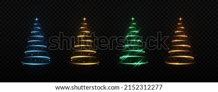 Set of Shiny stylish magical spiral Christmas trees with shining stars. Stylized Merry Christmas tree silhouette from shiny circle particles on black transparent background.