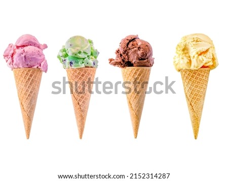 Row of Strawberry, Mint, Chocolate and Vanilla ice cream sugar cones on a white background with copy space. Royalty-Free Stock Photo #2152314287