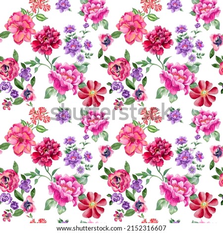 Watercolor flowers pattern, purple and pink tropical elements, green leaves, white background Royalty-Free Stock Photo #2152316607
