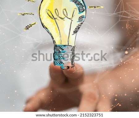 A closeup of a hand touching a 3D rendered lamp idea, creativity and innovation concept