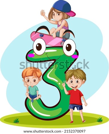 Three kids with number three cartoon illustration