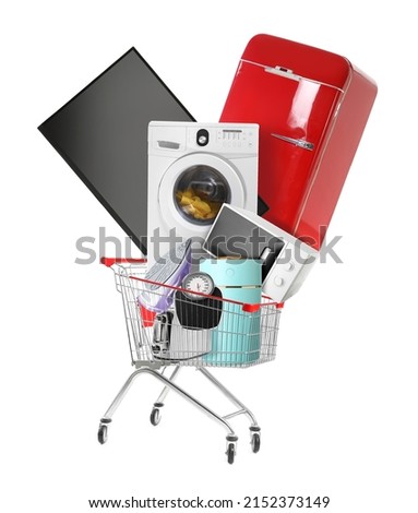 Shopping cart with many household appliances on white background Royalty-Free Stock Photo #2152373149