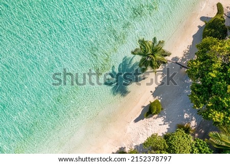 Maldives aerial island landscape. Tropical beach coast from drone. Exotic nature, palm trees over white sand close to coral reef, blue sea, lagoon. Summer and travel vacation concept. Beautiful nature Royalty-Free Stock Photo #2152378797