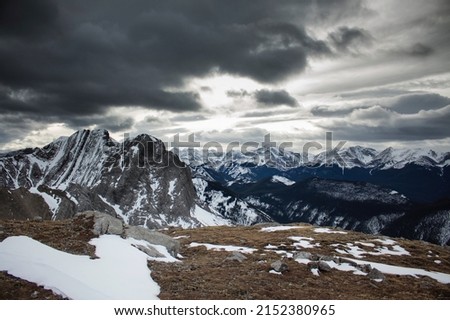 An aerial view of a stormy sky over Roche Miette in Jasper National Park, Alberta, Canada