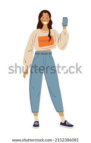 Modern girl with phone icon. Smiling student teenager in jeans shows the phone. Flat cartoon vector character with gadget, isolated clip art.