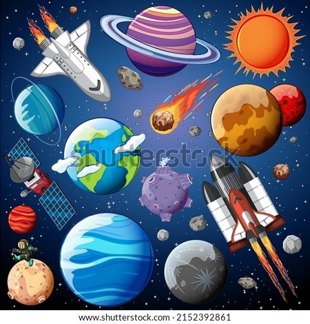 Set of space objects in space illustration