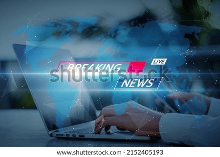 Close up of businessman hand using laptop and cellphone with polygonal network and map on blurry blue breaking news pattern background. Headline, communication and global world concept. 