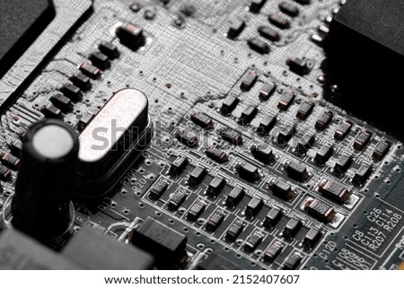 Macro Close up of components and microchips on PC circuit board	