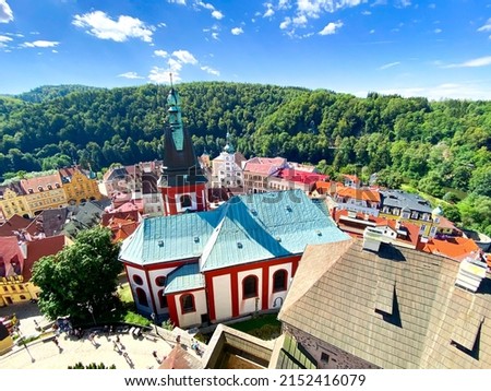 Aerial View on church in small historical city Loket in Czech Republic