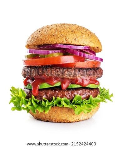 Double burger with vegan meat patty isolated on white background. 