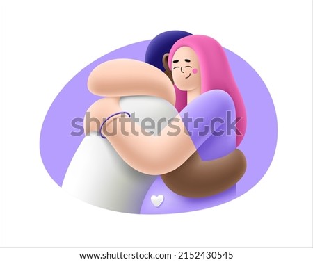 Embracing couple in love. Romantic illustration in 3D cartoon style. Warm embrace. Happy family. Young man hugs pregnant girl with belly. Isolated vector template. Pregnancy. Man hugging woman. Royalty-Free Stock Photo #2152430545
