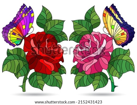 A set of illustrations in a stained glass style with bright rose flowers, isolated on a white background