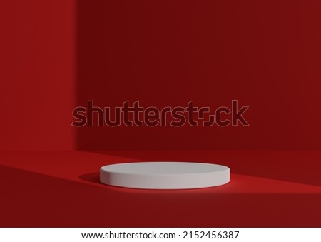 Simple, Minimal 3D Render Composition with One White Cylinder Podium or Stand on Abstract Shadow Neon Red Background for Product Display Window Light Coming from Right Side