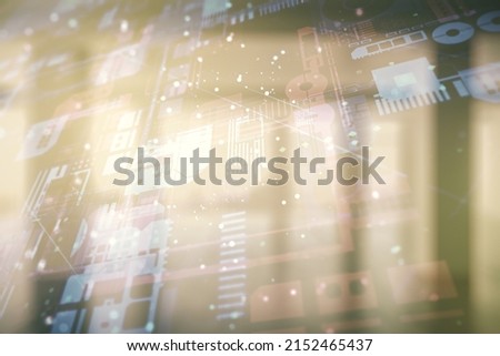 Multi exposure of abstract software development hologram on empty modern office background, research and analytics concept