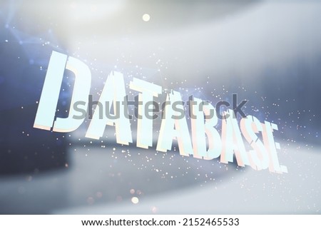 Double exposure of creative Database word hologram on empty modern office background, research and development concept