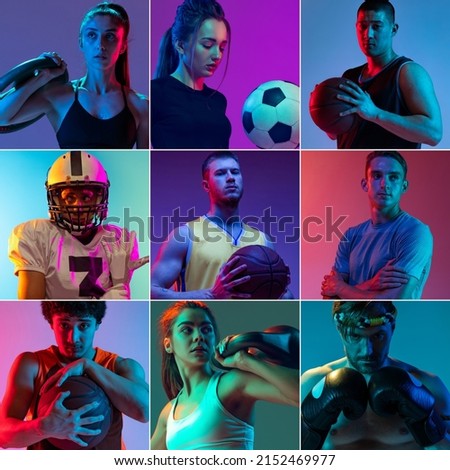 Sport and diversity. Collage of different sportsmen in sports uniform isolated on multicolored background in neon light. Poster. Advertising, sport, active lifestyle, competition, challenges concept