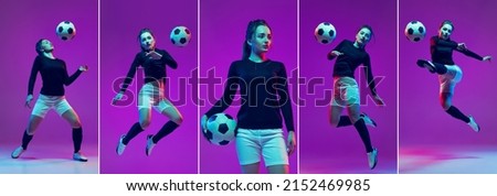 Collage, set of images of sportive girl, female soccer player practicing with football ball isolated on purple studio background in neon light. Concept of sport, action, motion, fitness. Flyer, poster