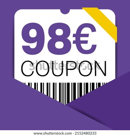 98 Euro Coupon promotion sale for a website, internet ads, social media gift 98 off discount voucher. Big sale and super sale coupon discount. Price Tag Mega Coupon discount.