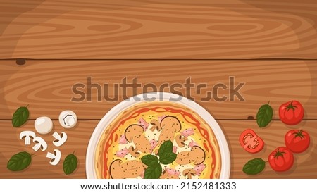 Detailed flat vector illustration of a delicious Italian style Pizza Prosciutto e Funghi on a plate surrounded with fresh ingredients. Room for text.